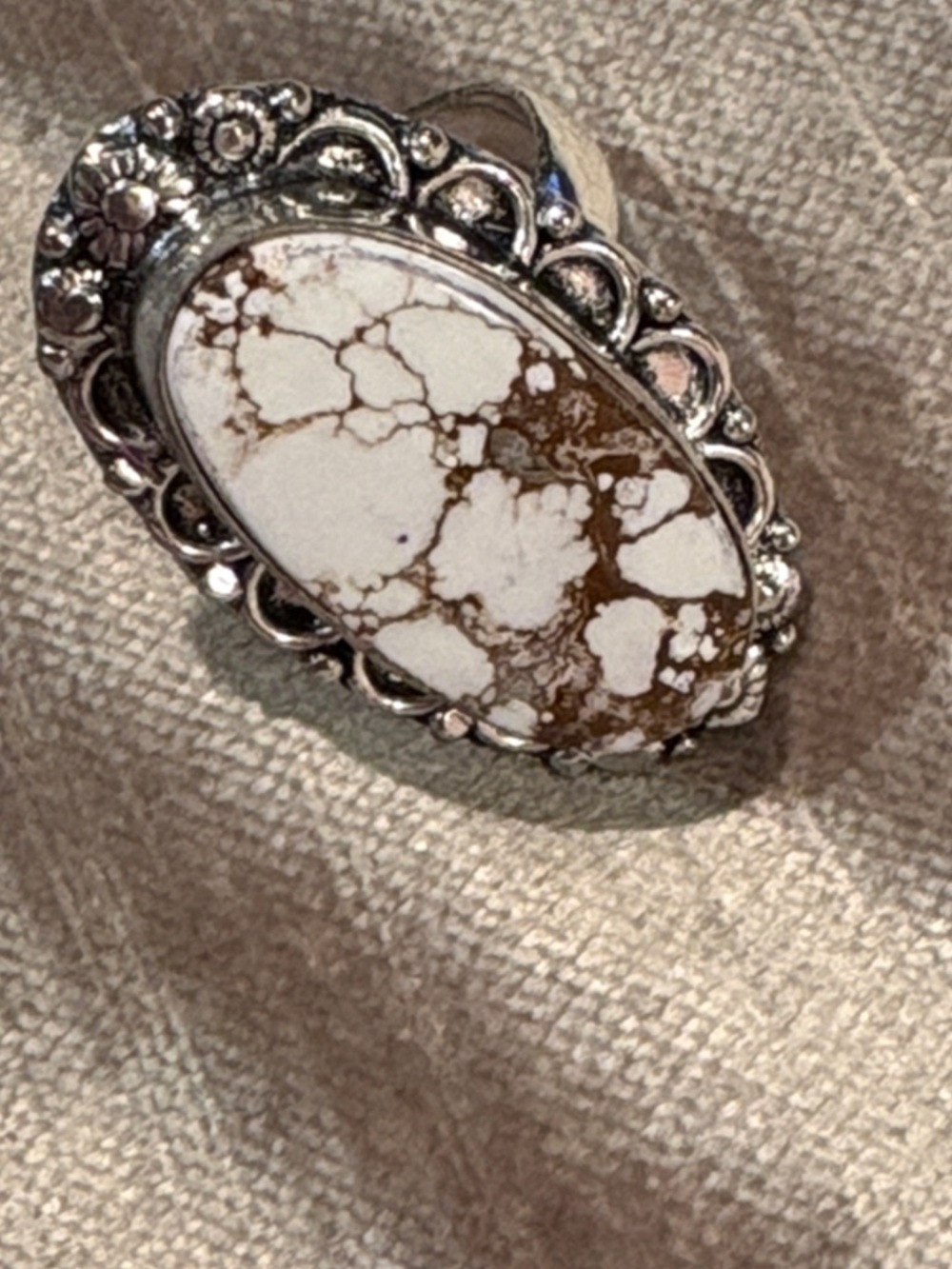 Wild Horse Jasper Oval White and Brown Stone Statement Ring 8.5